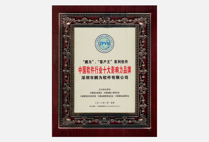 行業(yè)十大影響力品牌證書